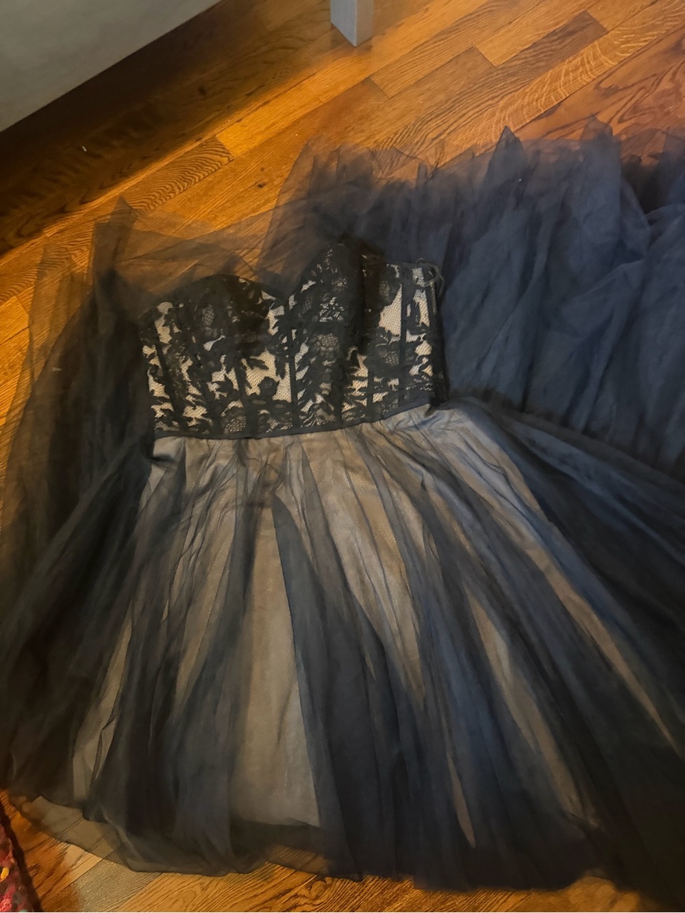 Watters Black Strapless Lace Bodice Tulle Gown